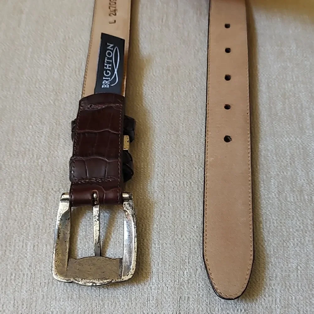 Brighton Croc Embossed Brown Leather Belt Silver Tone Buckle Size L